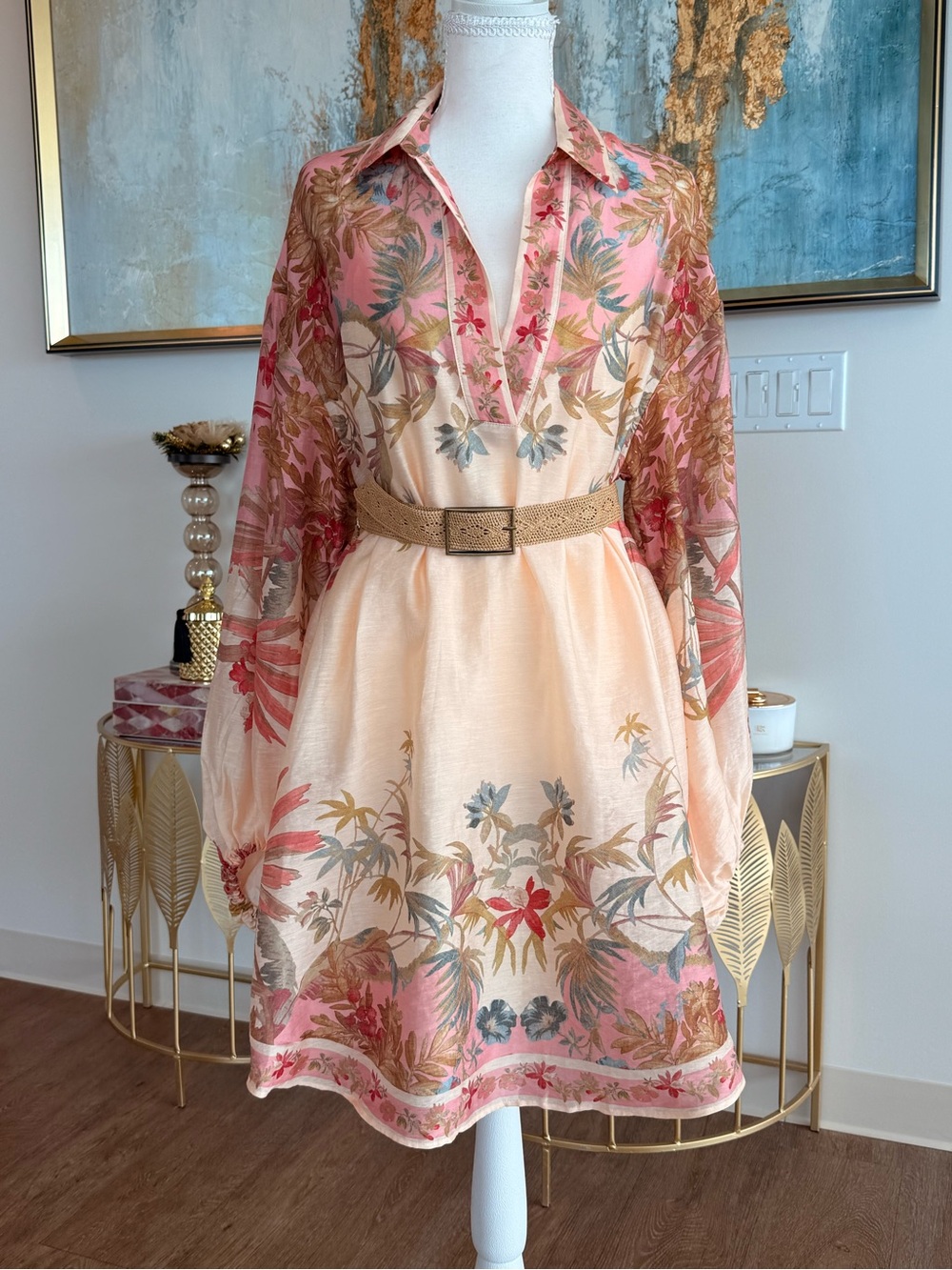 H&M Sheer Floral Dress in Pink and Peach with Woven Belt